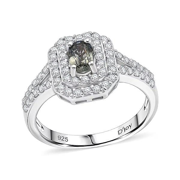 D'Joy Premium Australian Sapphire and White Zircon 1.65 ctw Velvet Eclipse Ring in Rhodium Over Sterling Silver (Size 7.0)