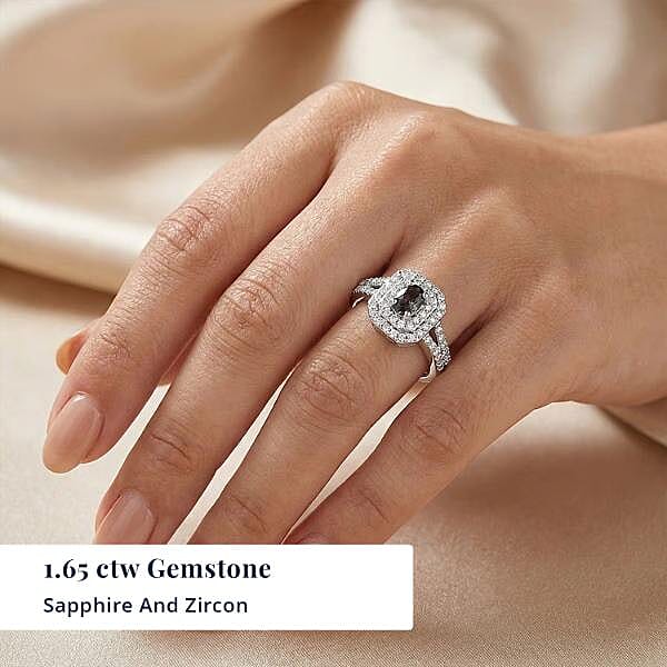 D'Joy Premium Australian Sapphire and White Zircon 1.65 ctw Velvet Eclipse Ring in Rhodium Over Sterling Silver (Size 7.0)