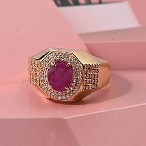 D'Joy AAA Royal Ruby and Moissanite 2.50 ctw Men's Ring in 18K Vermeil Yellow Gold Over Sterling Silver (Size 11.0)