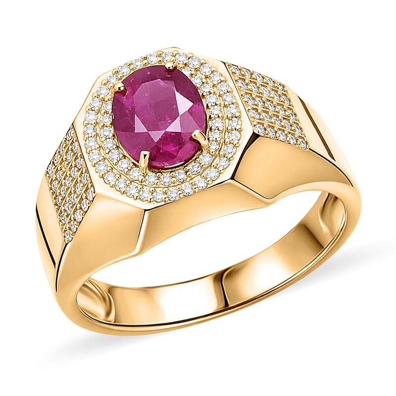 D'Joy AAA Royal Ruby and Moissanite 2.50 ctw Men's Ring in 18K Vermeil Yellow Gold Over Sterling Silver (Size 14.0)