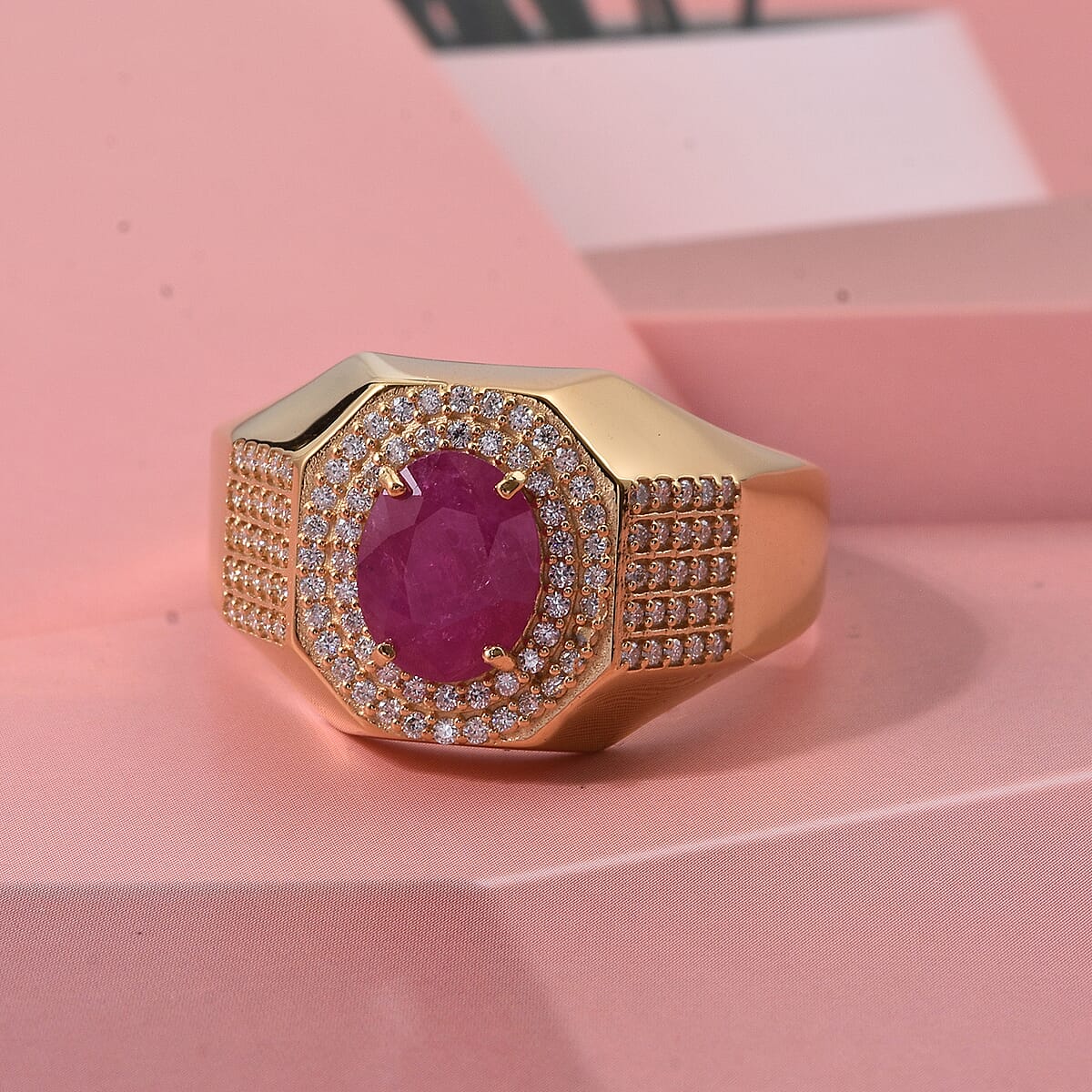 D'Joy AAA Royal Ruby and Moissanite 2.50 ctw Men's Ring in 18K Vermeil Yellow Gold Over Sterling Silver (Size 14.0) image number 1