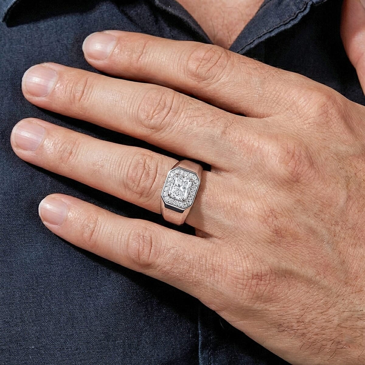 Luxuriant Lab Grown Diamond E-F VS 1.25 ctw Men's Ring in Rhodium Over Sterling Silver (Size 11.0) (Del. in 8-10 Days)  image number 2