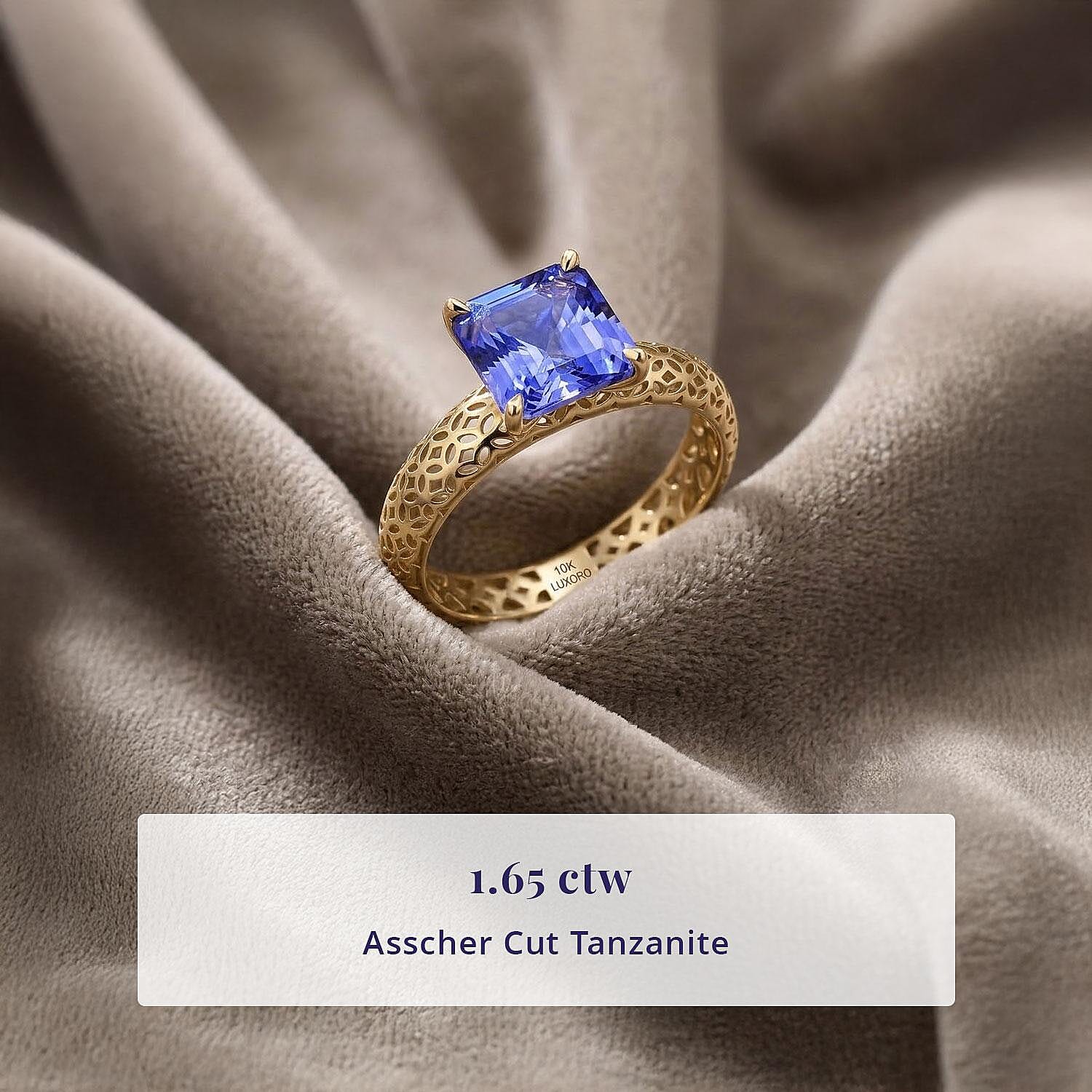 Mirage Collection AAA Asscher Cut Tanzanite 1.65 ctw Ring in 10K Yellow Gold (Size 10.0)