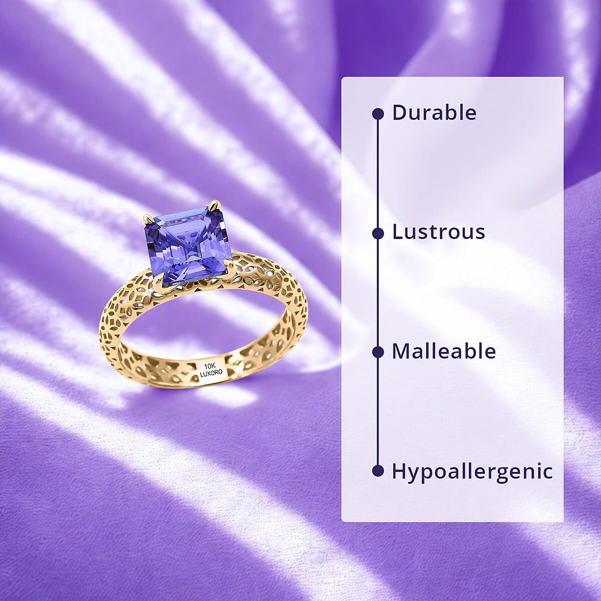 Mirage Collection AAA Asscher Cut Tanzanite 1.65 ctw Ring in 10K Yellow Gold (Size 6.0) image number 3