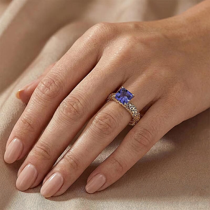 Mirage Collection AAA Asscher Cut Tanzanite 1.65 ctw Ring in 10K Yellow Gold (Size 7.0)