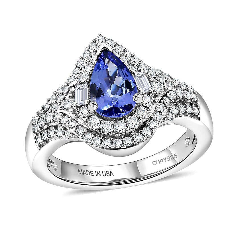 D'Joy Premium Tanzanite and Moissanite 1.50 ctw Royal Halo Cascade Ring in Rhodium Over Sterling Silver (Size 6.0)