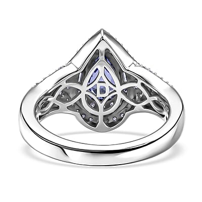 D'Joy Premium Tanzanite and Moissanite 1.50 ctw Royal Halo Cascade Ring in Rhodium Over Sterling Silver (Size 6.0)