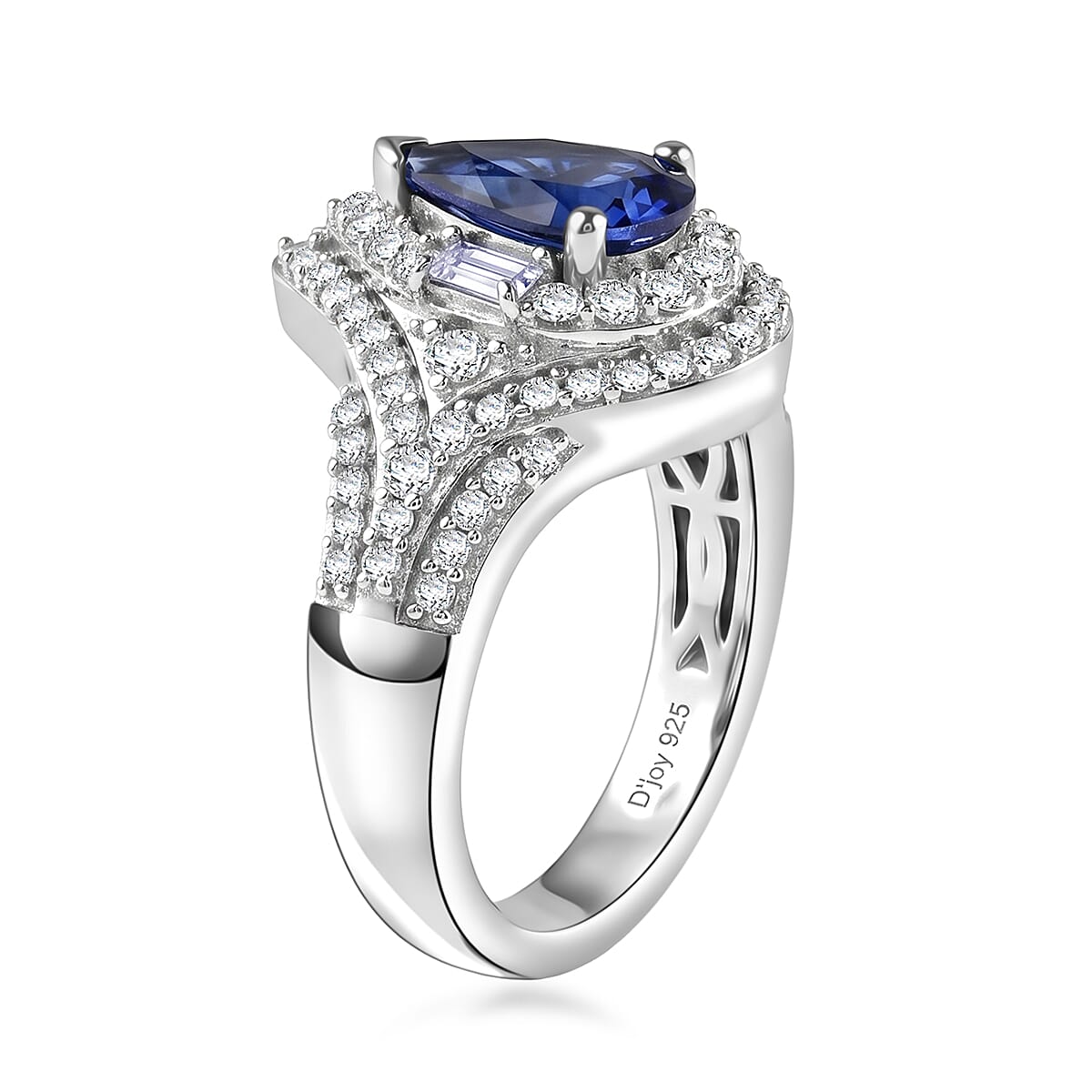 D'Joy Premium Tanzanite and Moissanite 1.50 ctw Royal Halo Cascade Ring in Rhodium Over Sterling Silver (Size 8.0)
