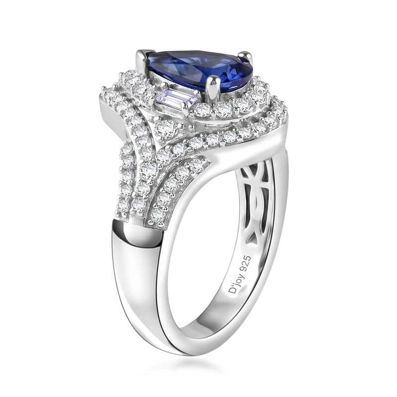 D'Joy Premium Tanzanite and Moissanite 1.50 ctw Royal Halo Cascade Ring in Rhodium Over Sterling Silver (Size 8.0)