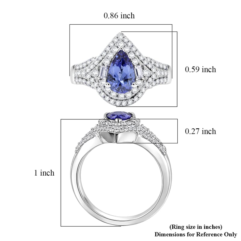 D'Joy Premium Tanzanite and Moissanite 1.50 ctw Royal Halo Cascade Ring in Rhodium Over Sterling Silver (Size 8.0)