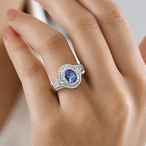 D'Joy Premium Tanzanite and Moissanite 1.65 ctw Royal Halo Cascade Ring in Rhodium Over Sterling Silver (Size 10.0)