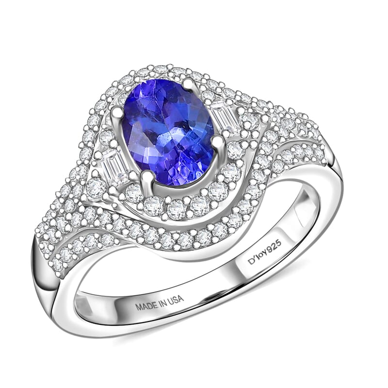 D'Joy Premium Tanzanite and Moissanite 1.65 ctw Royal Halo Cascade Ring in Rhodium Over Sterling Silver (Size 6.0)