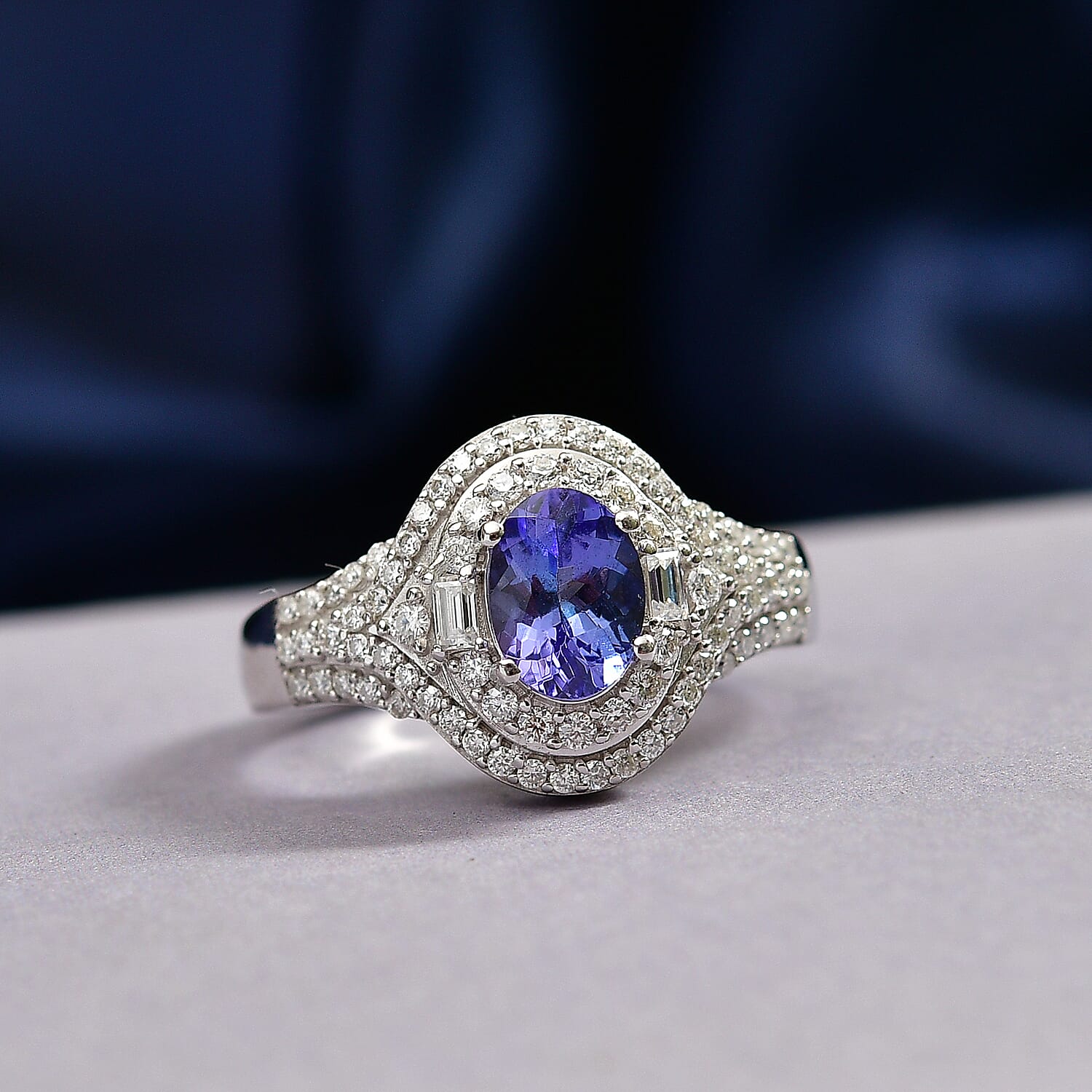 D'Joy Premium Tanzanite and Moissanite 1.65 ctw Royal Halo Cascade Ring in Rhodium Over Sterling Silver (Size 6.0)