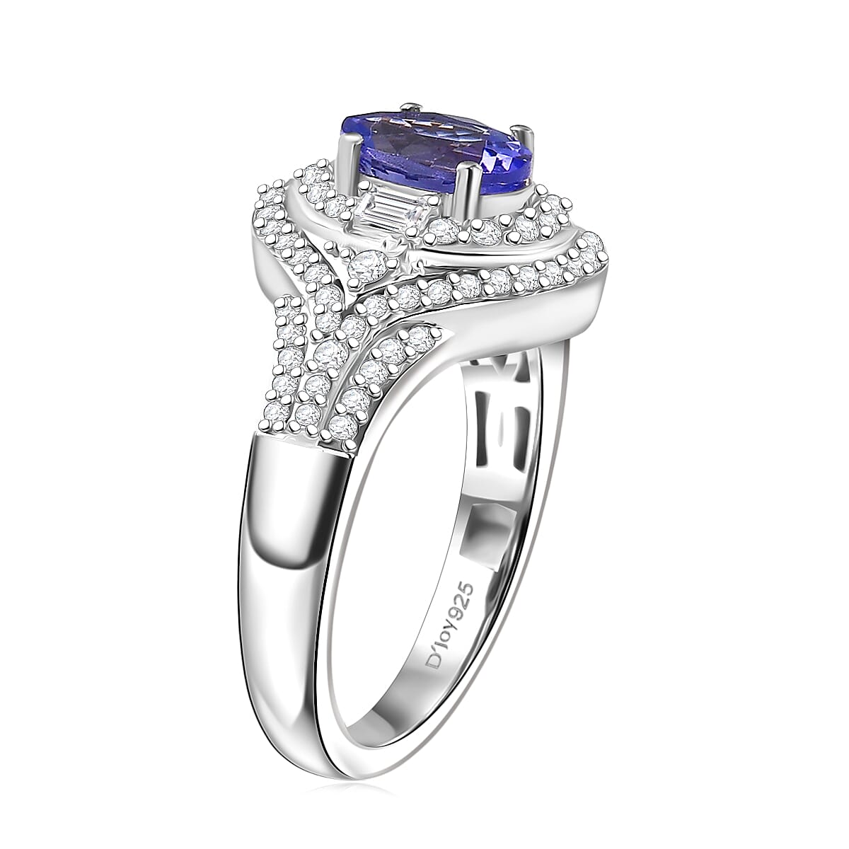 D'Joy Premium Tanzanite and Moissanite 1.65 ctw Royal Halo Cascade Ring in Rhodium Over Sterling Silver (Size 6.0)