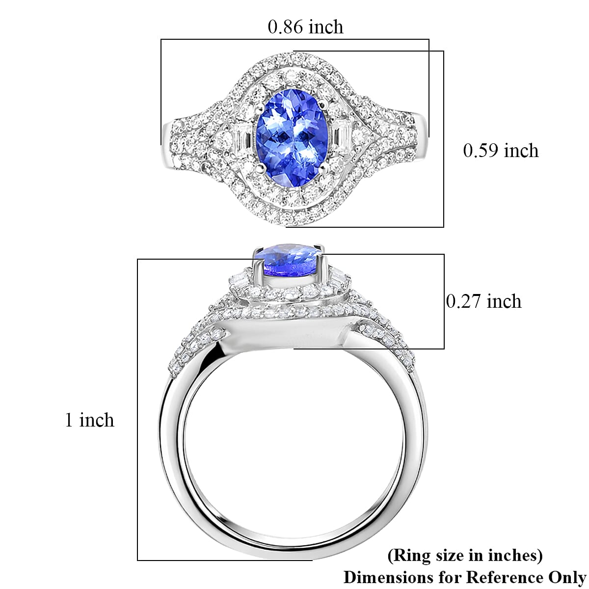 D'Joy Premium Tanzanite and Moissanite 1.65 ctw Royal Halo Cascade Ring in Rhodium Over Sterling Silver (Size 6.0)