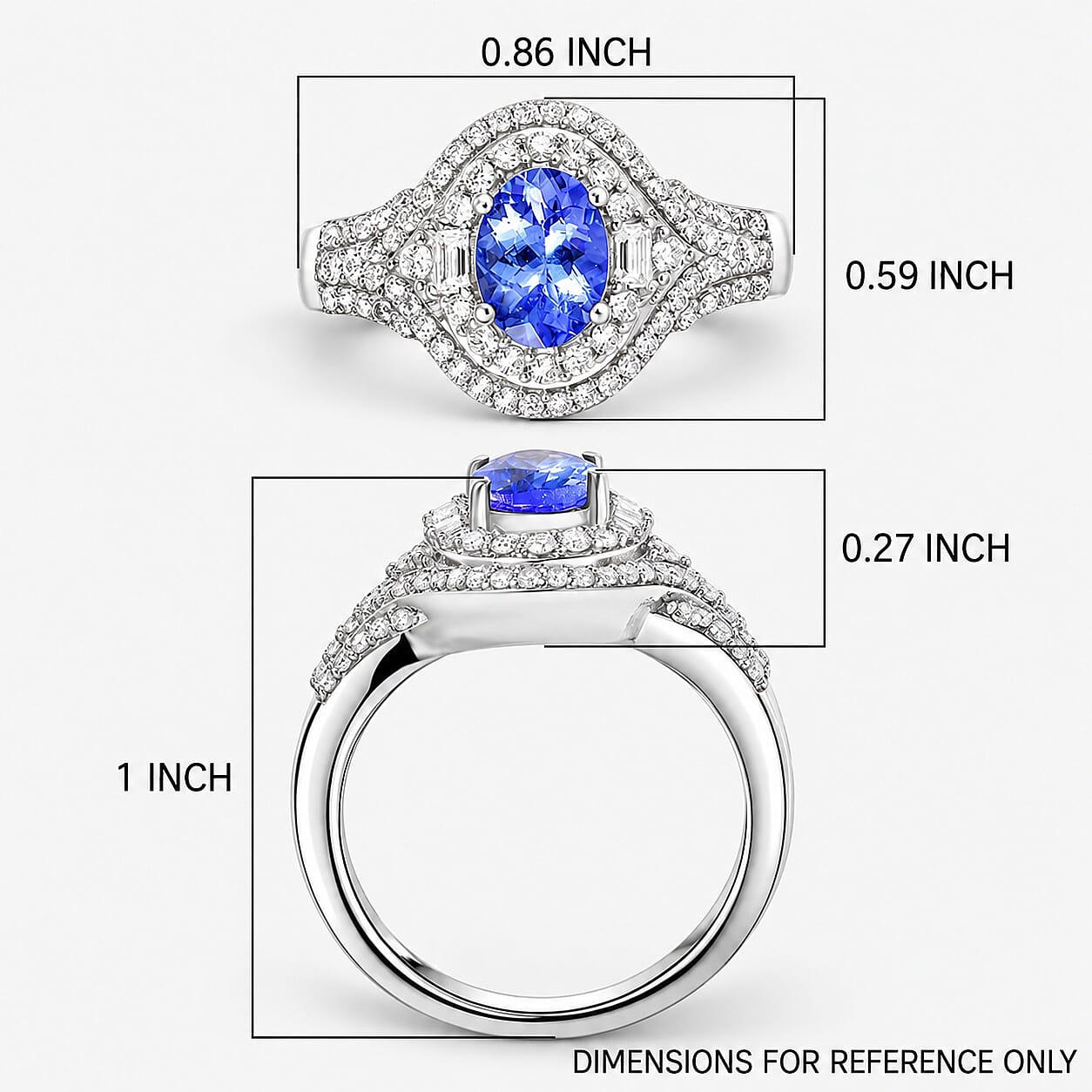D'Joy Premium Tanzanite and Moissanite 1.65 ctw Royal Halo Cascade Ring in Rhodium Over Sterling Silver (Size 6.0)