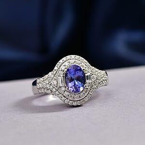 D'Joy Premium Tanzanite and Moissanite 1.65 ctw Ring in Rhodium Over Sterling Silver (Size 8.0)