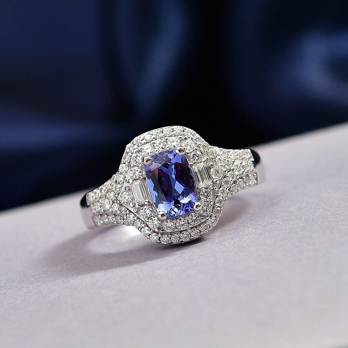 D'Joy Premium Tanzanite and Moissanite 1.40 ctw Royal Halo Cascade Ring in Rhodium Over Sterling Silver (Size 10.0) image number 1