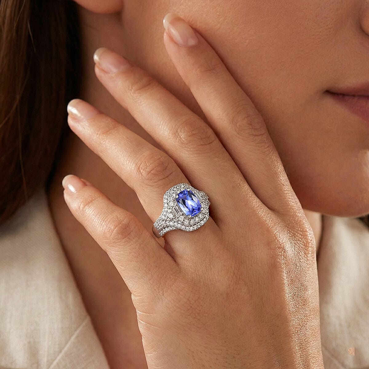 D'Joy Premium Tanzanite and Moissanite 1.40 ctw Royal Halo Cascade Ring in Rhodium Over Sterling Silver (Size 10.0) image number 2