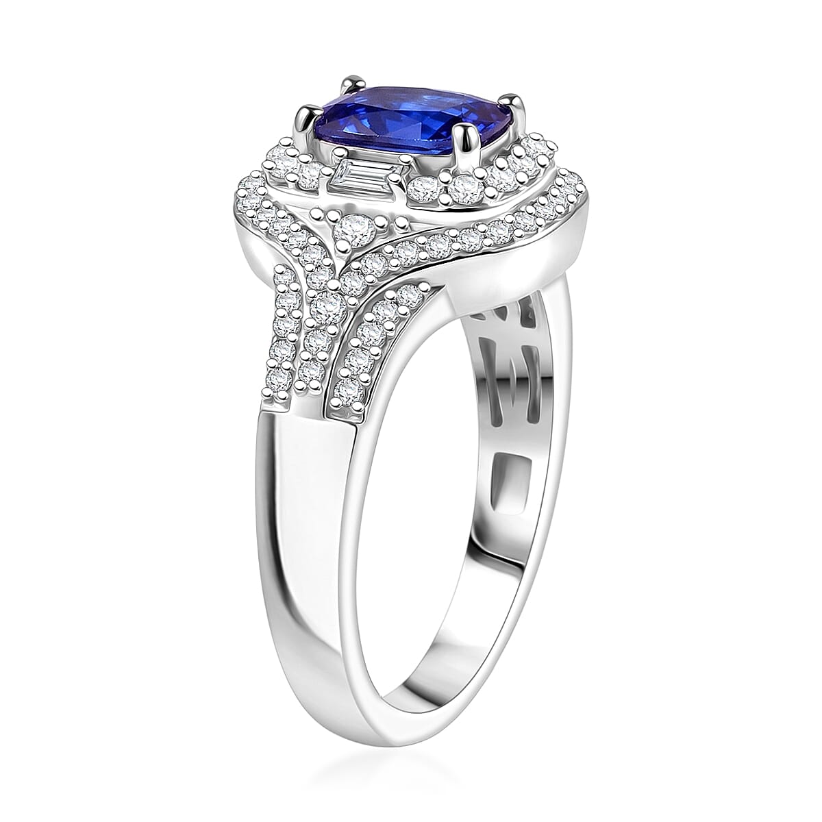 D'Joy Premium Tanzanite and Moissanite 1.40 ctw Royal Halo Cascade Ring in Rhodium Over Sterling Silver (Size 10.0) image number 3