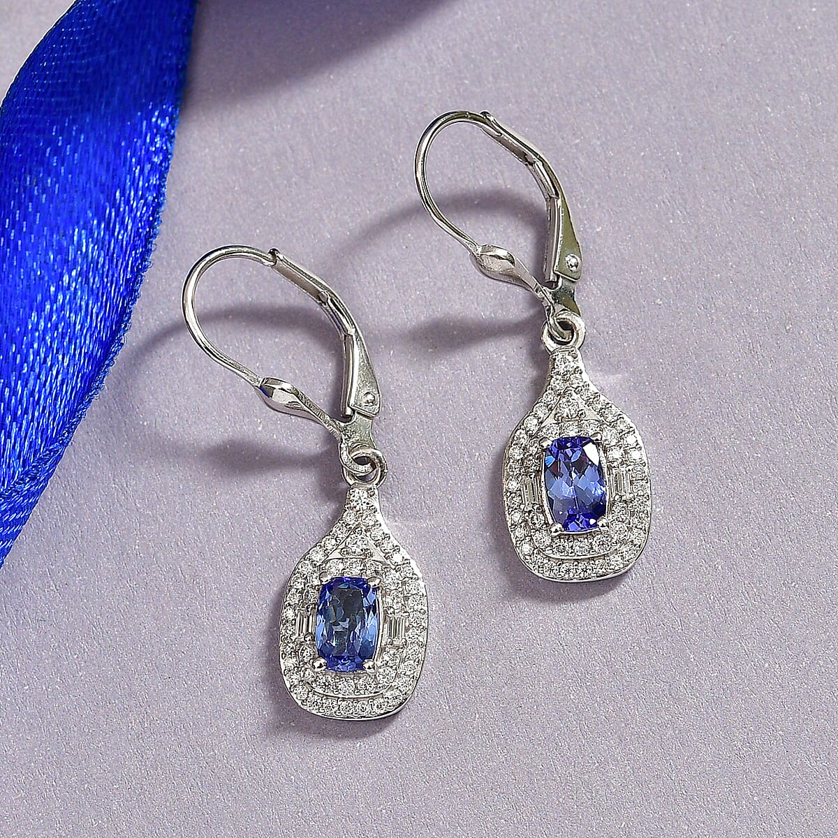 D'Joy Premium Tanzanite and Moissanite 1.25 ctw Royal Halo Cascade Earrings in Rhodium Over Sterling Silver image number 1