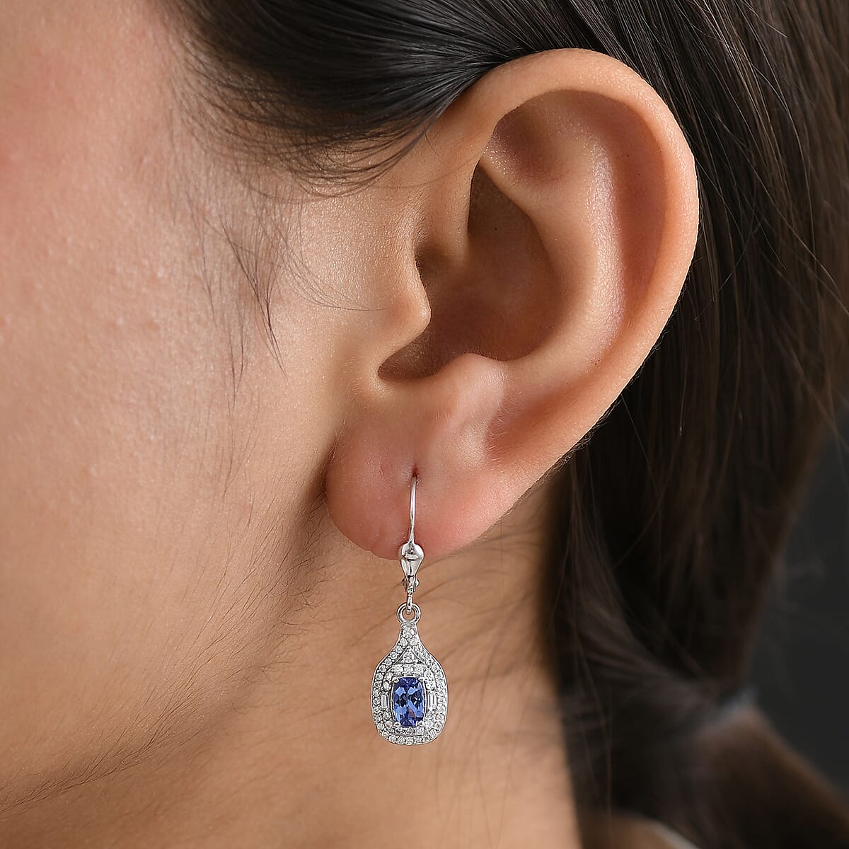 D'Joy Premium Tanzanite and Moissanite 1.25 ctw Royal Halo Cascade Earrings in Rhodium Over Sterling Silver image number 2
