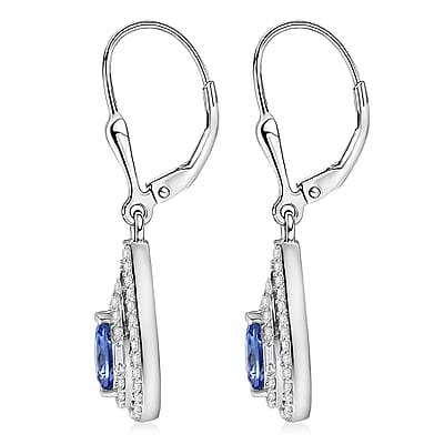 D'Joy Premium Tanzanite and Moissanite 1.25 ctw Royal Halo Cascade Earrings in Rhodium Over Sterling Silver
