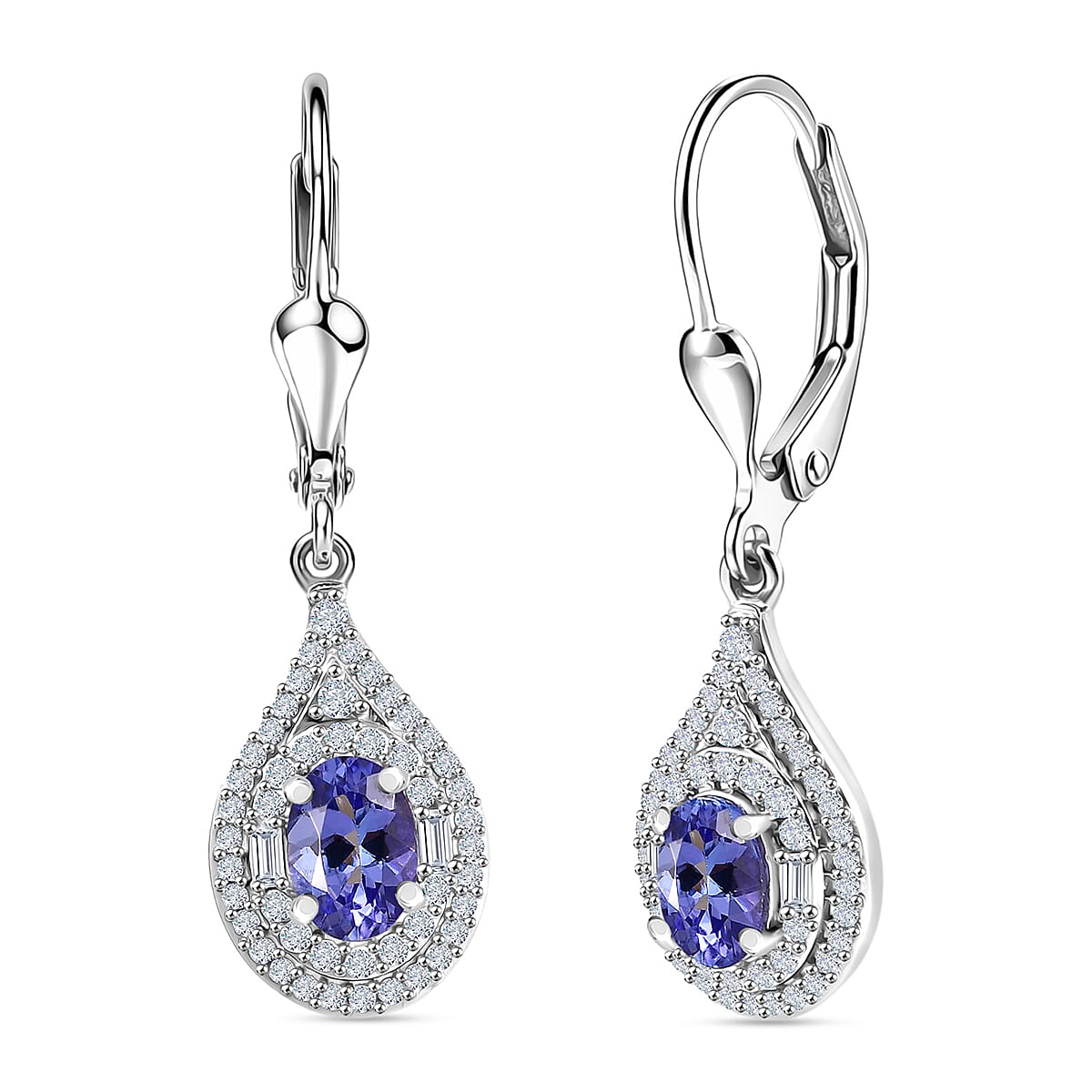 D'Joy Premium Tanzanite, Moissanite Earrings in Rhodium Over Sterling Silver 1.25 ctw
