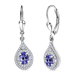 D'Joy Premium Tanzanite and Moissanite 1.70 ctw Royal Halo Cascade Earrings in Rhodium Over Sterling Silver