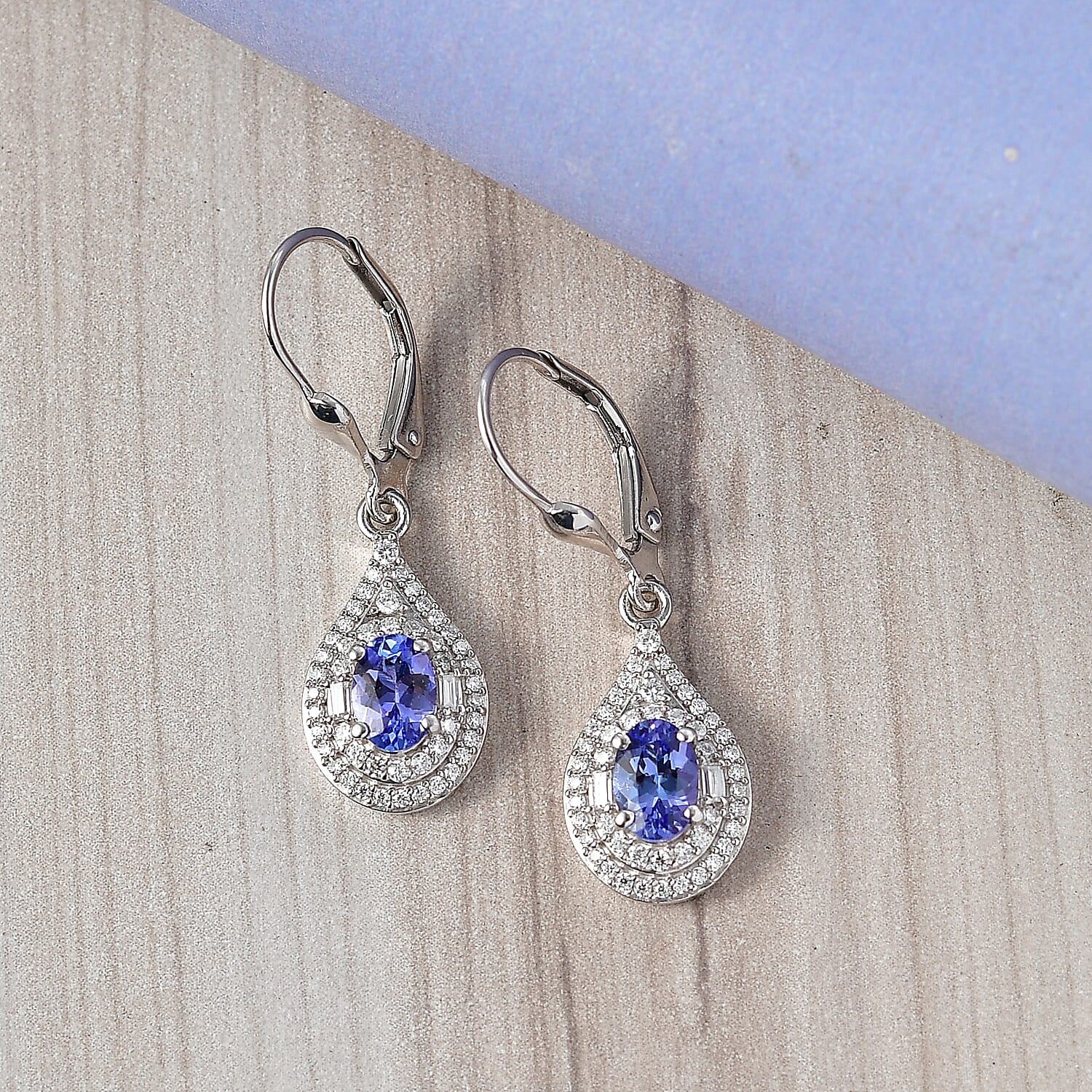 D'Joy Premium Tanzanite and Moissanite 1.70 ctw Royal Halo Cascade Earrings in Rhodium Over Sterling Silver