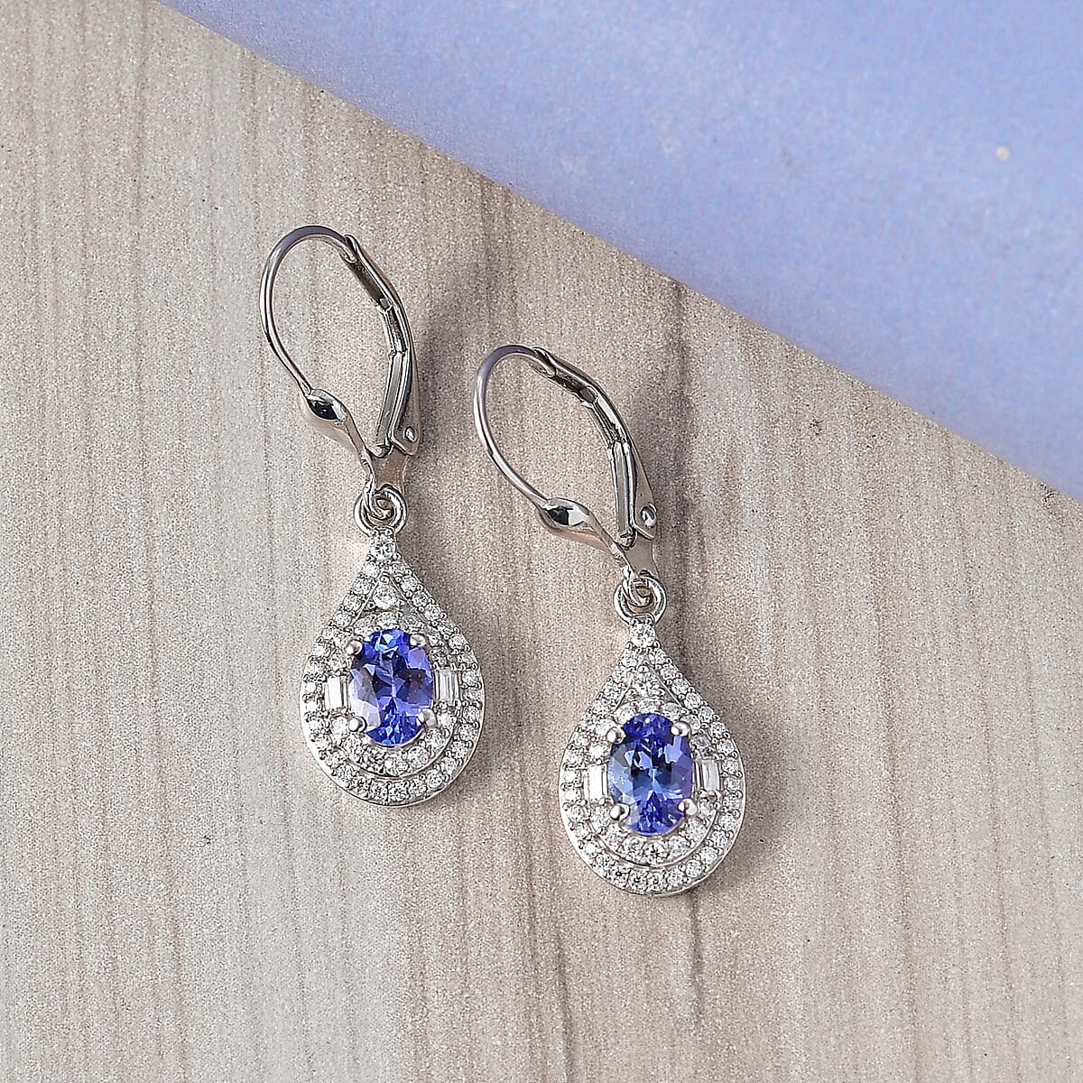 D'Joy Premium Tanzanite and Moissanite 1.70 ctw Royal Halo Cascade Earrings in Rhodium Over Sterling Silver image number 1