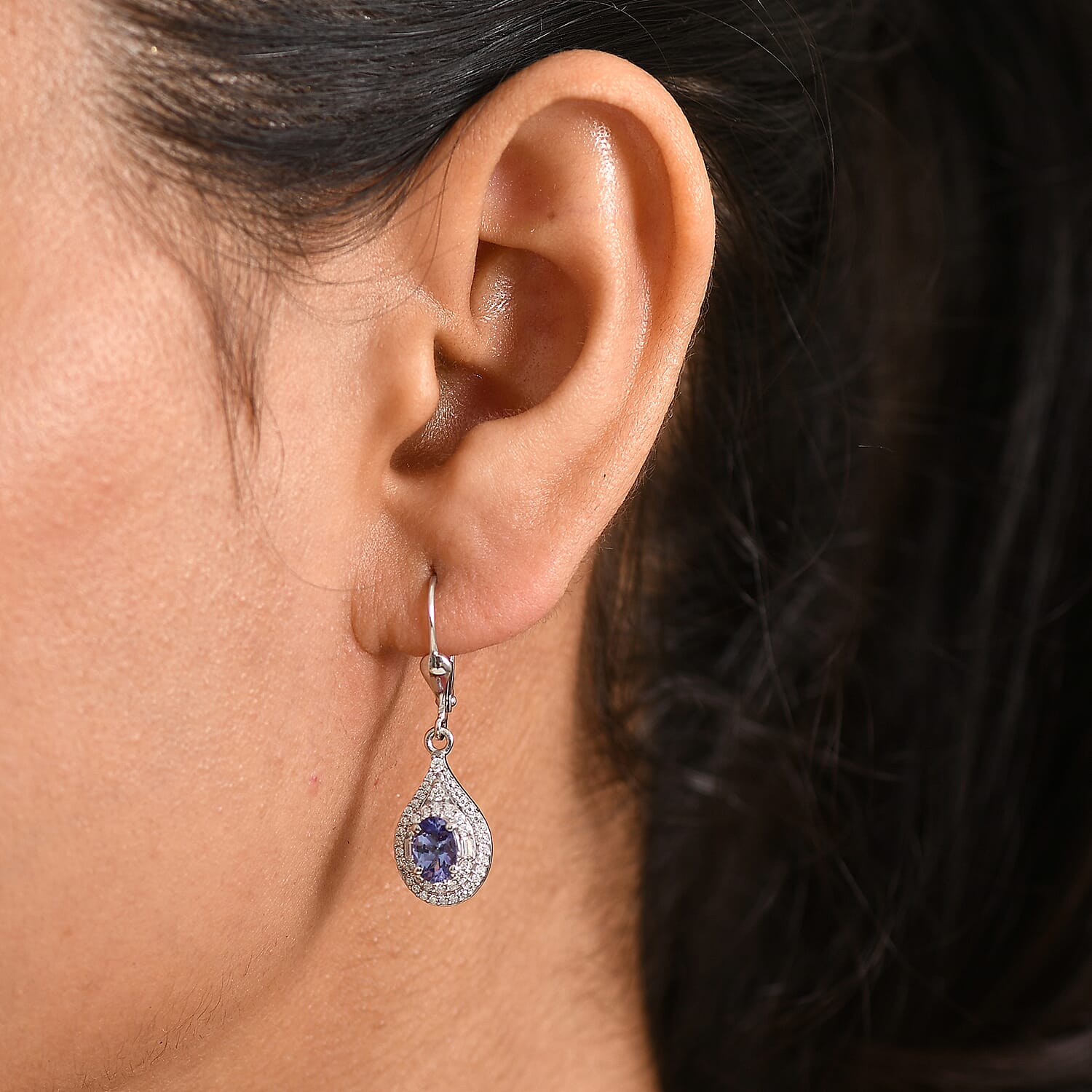 D'Joy Premium Tanzanite and Moissanite 1.70 ctw Royal Halo Cascade Earrings in Rhodium Over Sterling Silver