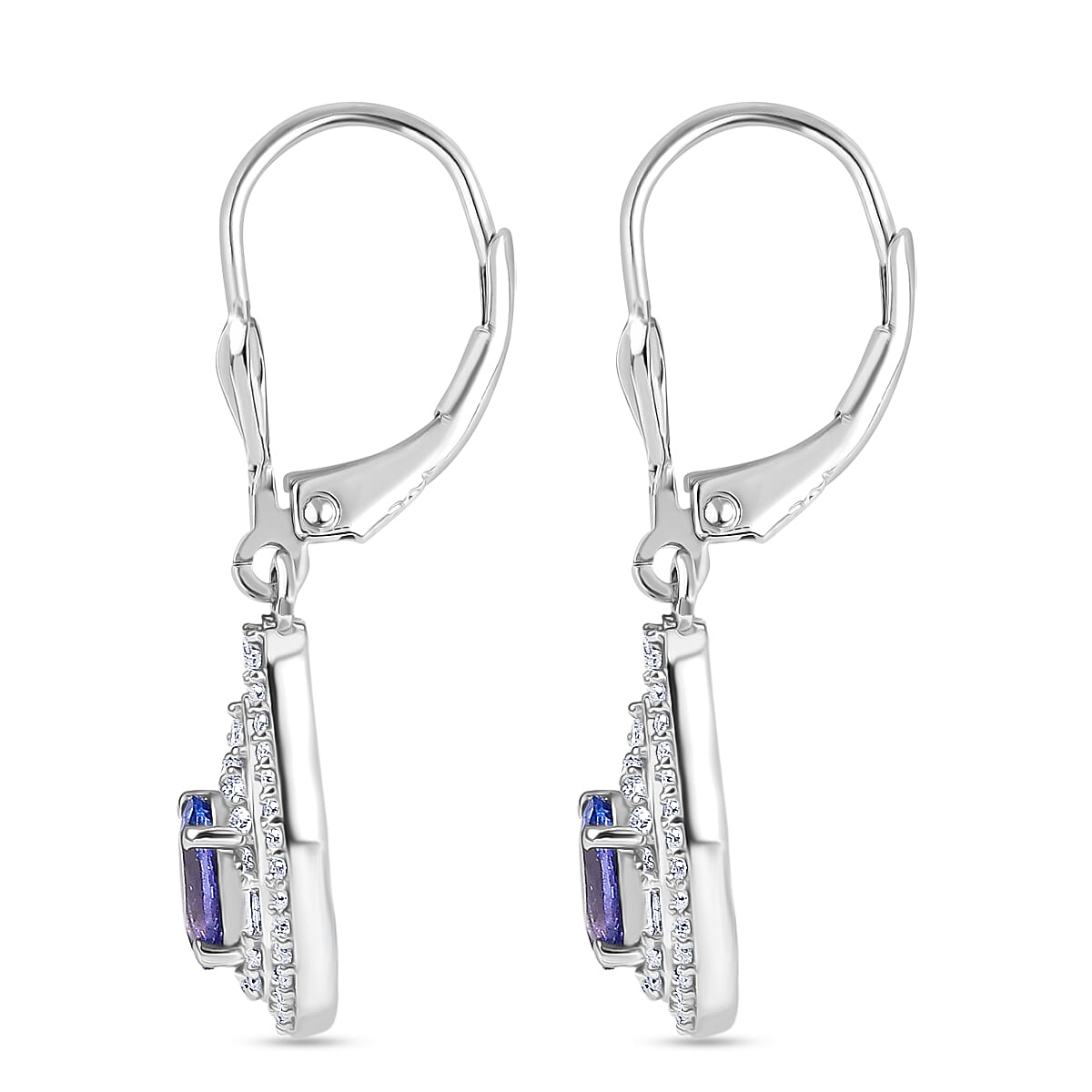 D'Joy Premium Tanzanite and Moissanite 1.70 ctw Royal Halo Cascade Earrings in Rhodium Over Sterling Silver