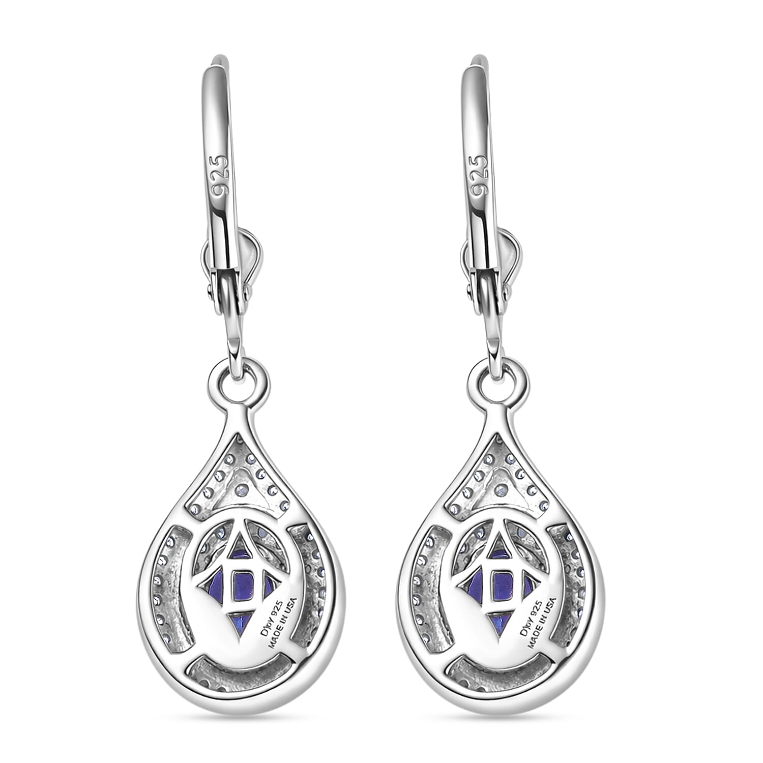 D'Joy Premium Tanzanite and Moissanite 1.70 ctw Royal Halo Cascade Earrings in Rhodium Over Sterling Silver