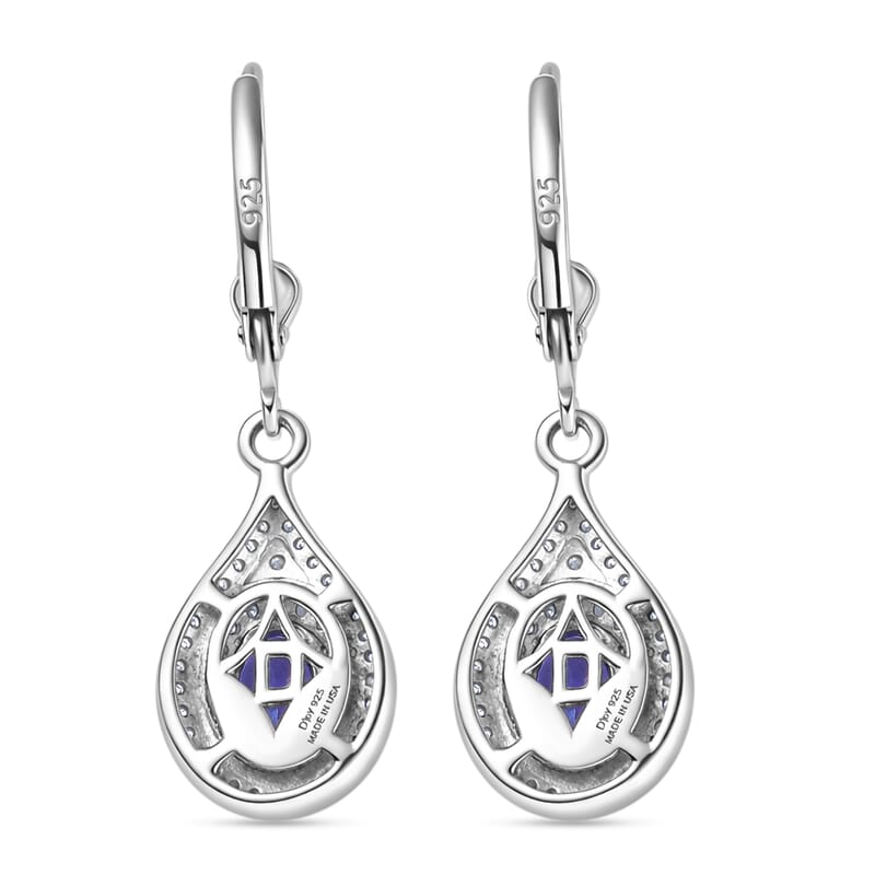 D'Joy Premium Tanzanite and Moissanite 1.70 ctw Royal Halo Cascade Earrings in Rhodium Over Sterling Silver