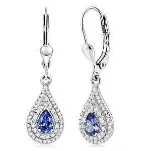 D'Joy Premium Tanzanite and Moissanite 1.60 ctw Royal Halo Cascade Earrings in Rhodium Over Sterling Silver