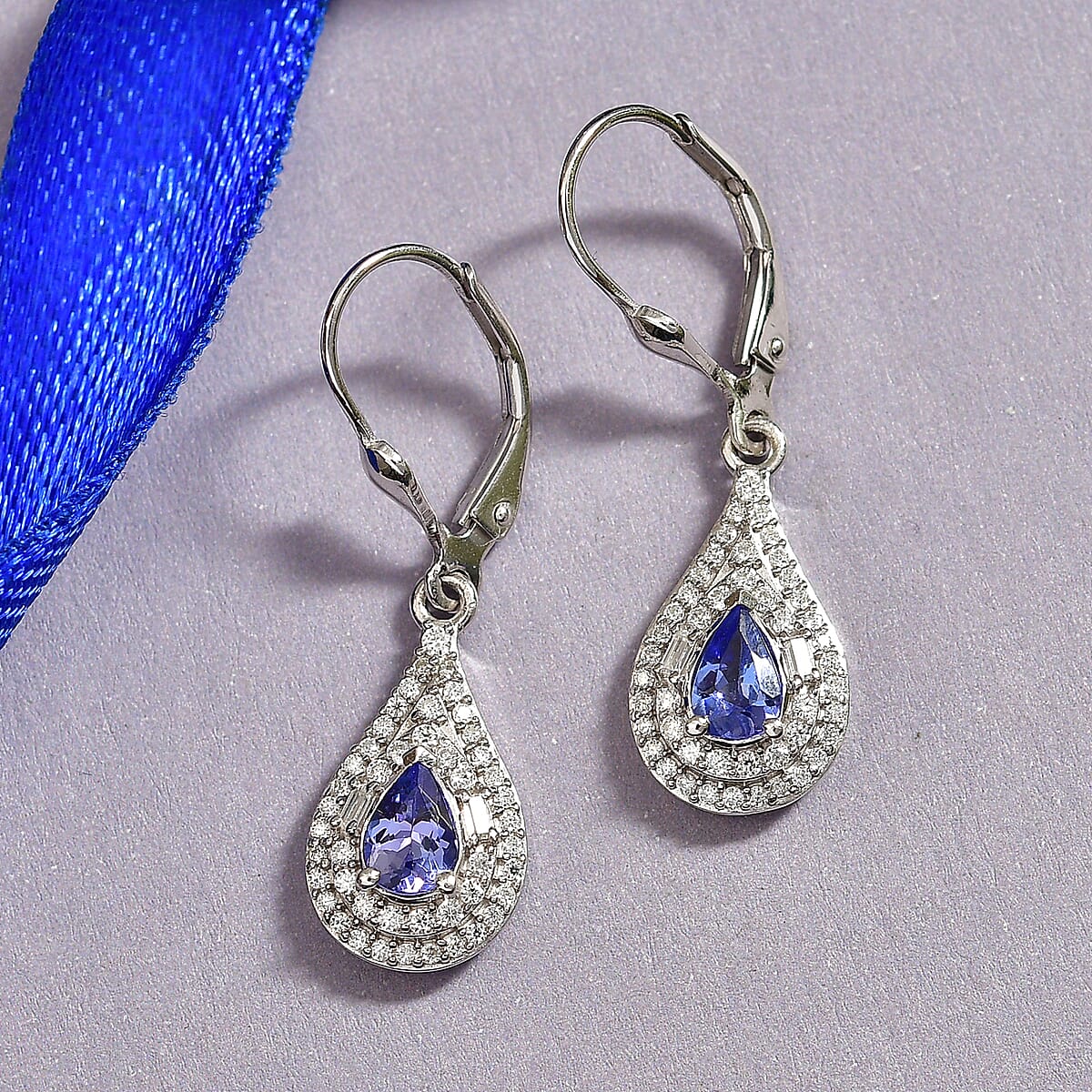 D'Joy Premium Tanzanite and Moissanite 1.60 ctw Royal Halo Cascade Earrings in Rhodium Over Sterling Silver image number 1