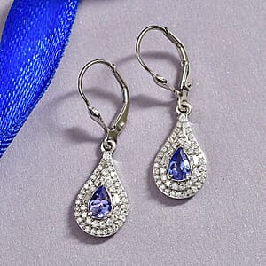 D'Joy Premium Tanzanite and Moissanite 1.60 ctw Royal Halo Cascade Earrings in Rhodium Over Sterling Silver
