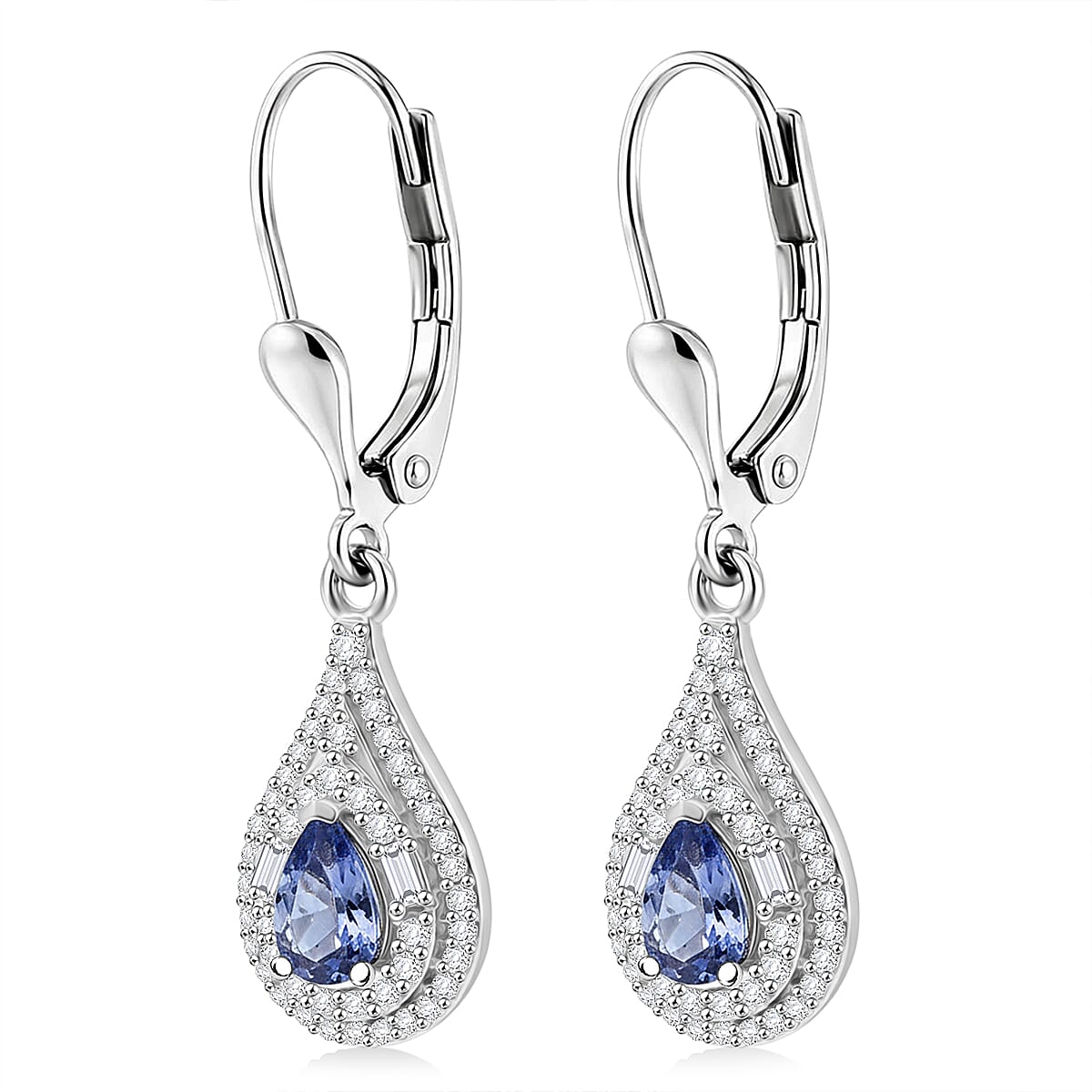 D'Joy Premium Tanzanite and Moissanite 1.60 ctw Royal Halo Cascade Earrings in Rhodium Over Sterling Silver image number 3