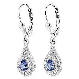 D'Joy Premium Tanzanite and Moissanite 1.60 ctw Royal Halo Cascade Earrings in Rhodium Over Sterling Silver