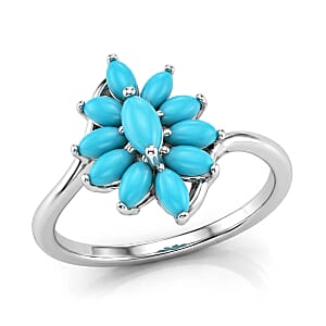 D'Joy Premium Sleeping Beauty Turquoise 1.15 ctw Sky Blossom Ring in Rhodium Over Sterling Silver (Size 10.0)