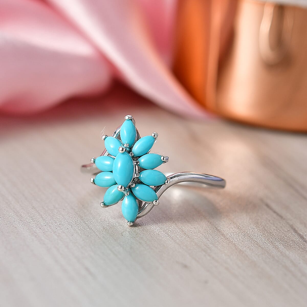 D'Joy Premium Sleeping Beauty Turquoise 1.15 ctw Sky Blossom Ring in Rhodium Over Sterling Silver (Size 10.0) image number 1