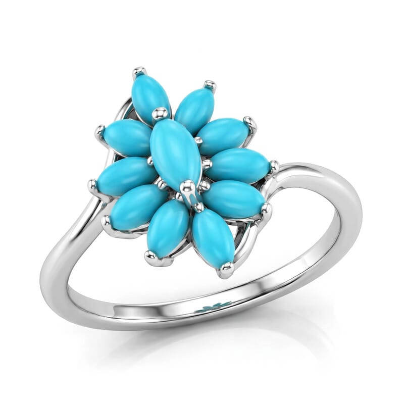 D'Joy Premium Sleeping Beauty Turquoise 1.15 ctw Sky Blossom Ring in Rhodium Over Sterling Silver (Size 6.0)