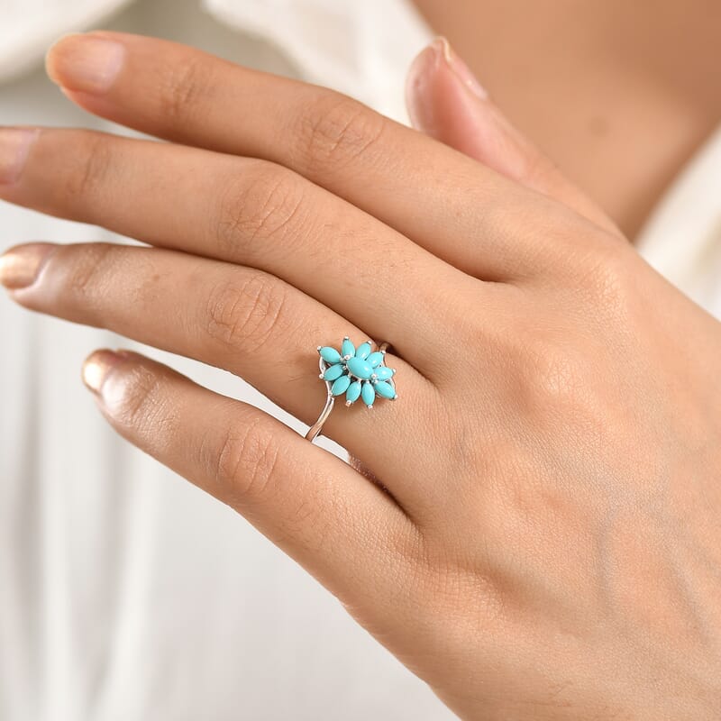 D'Joy Premium Sleeping Beauty Turquoise 1.15 ctw Sky Blossom Ring in Rhodium Over Sterling Silver (Size 6.0)