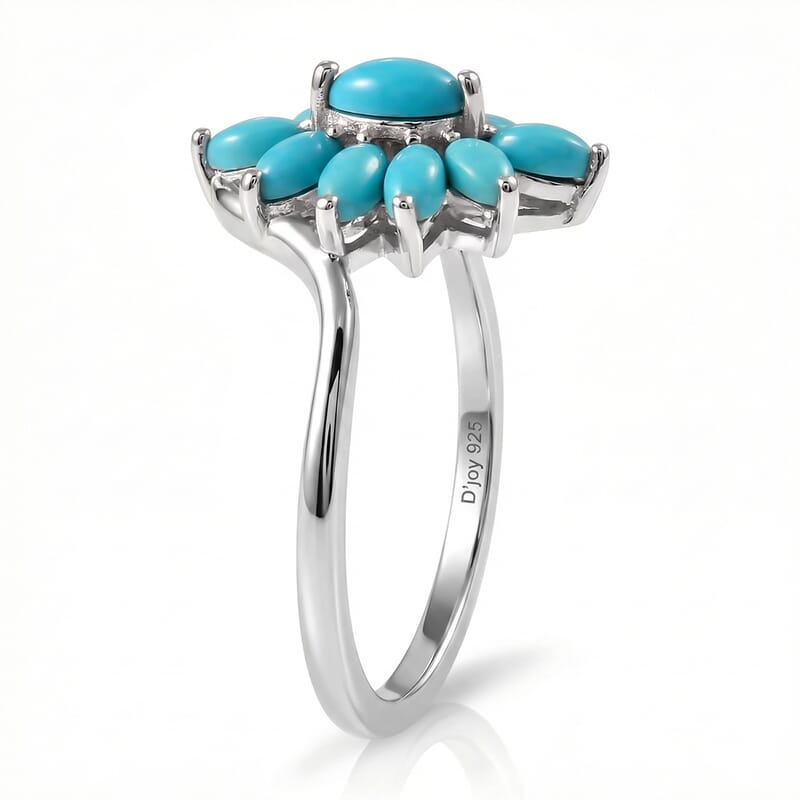 D'Joy Premium Sleeping Beauty Turquoise 1.15 ctw Sky Blossom Ring in Rhodium Over Sterling Silver (Size 6.0)