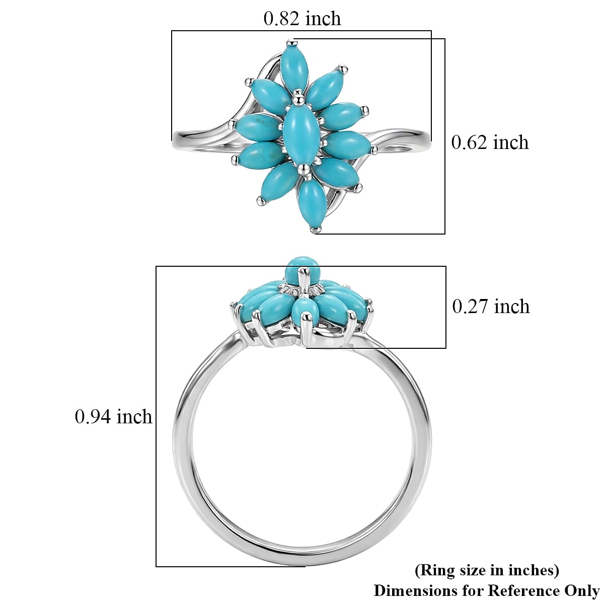 D'Joy Premium Sleeping Beauty Turquoise 1.15 ctw Sky Blossom Ring in Rhodium Over Sterling Silver (Size 6.0)