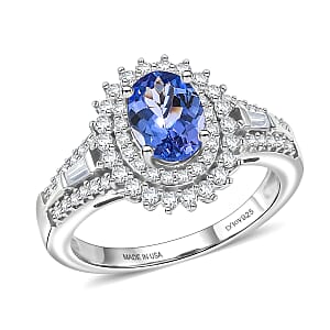 D'Joy Premium Tanzanite and Moissanite 1.50 ctw Starburst Sparkle Halo Ring in Rhodium Over Sterling Silver (Size 10.0)
