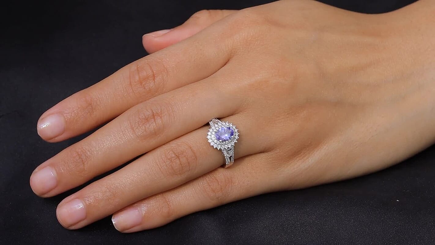 D'Joy Premium Tanzanite and Moissanite 1.50 ctw Ring in Rhodium Over Sterling Silver..
