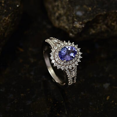 D'Joy Premium Tanzanite and Moissanite 1.50 ctw Starburst Sparkle Halo Ring in Rhodium Over Sterling Silver (Size 5.0)