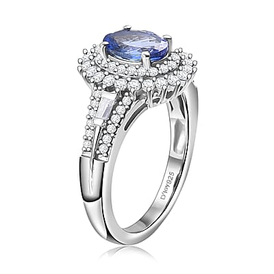 D'Joy Premium Tanzanite and Moissanite 1.50 ctw Starburst Sparkle Halo Ring in Rhodium Over Sterling Silver (Size 5.0)